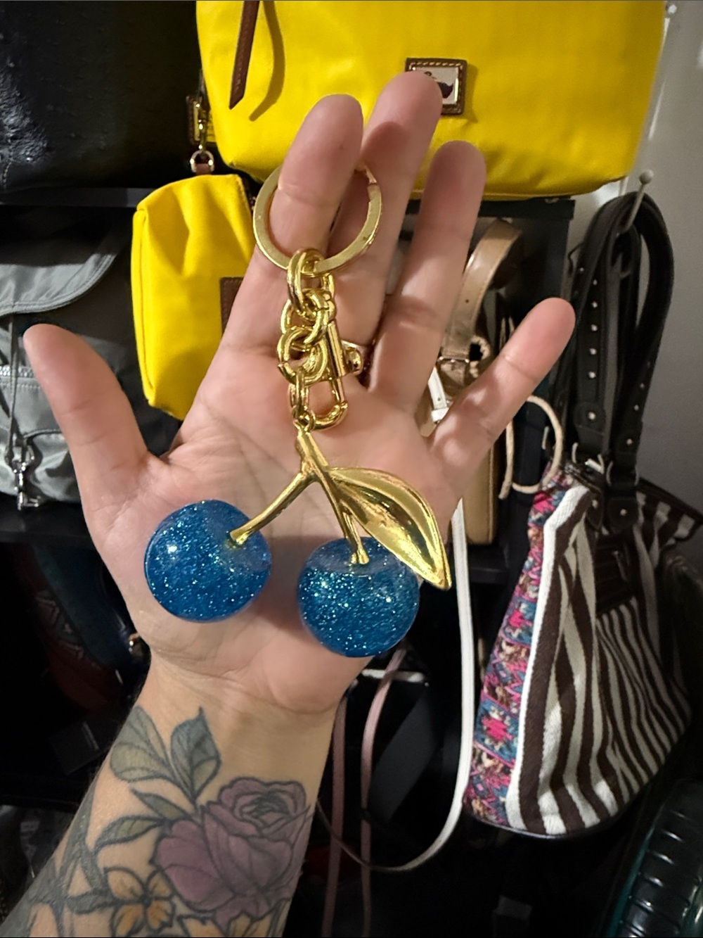 Blue Glitter Cherry 🍒 Keychain with Gold Hardware